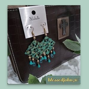 Chandelier Earrings Teal Gold Black NWOT